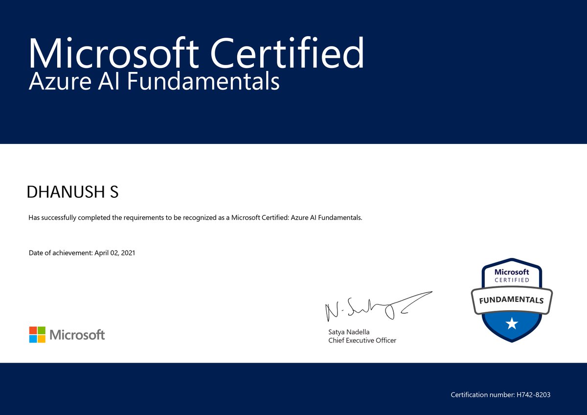 Dhanush11S's tweet photo. I am happy to announce that I have completed the Azure AI fundamentals offered by @MicrosoftLearn. I would like to thank @CSE_Bennett for giving me this opportunity. https://t.co/gWc7H6uZz9