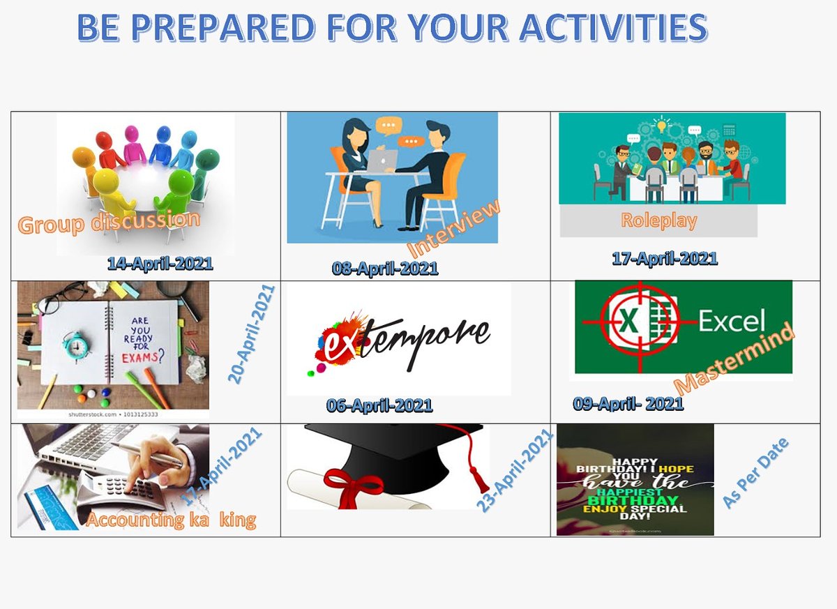 bpa_educators's tweet photo. Be #prepared for your #activites
It will make you understand your #content better and help you #achieve your #heights
#bpa #bpaeducators #bpamastery #bpaisbest #learnwithbpa #activties #presentation #interview #debate #exam #extempore #excel #tally #certifcation #birthday https://t.co/37NdOYnNWK