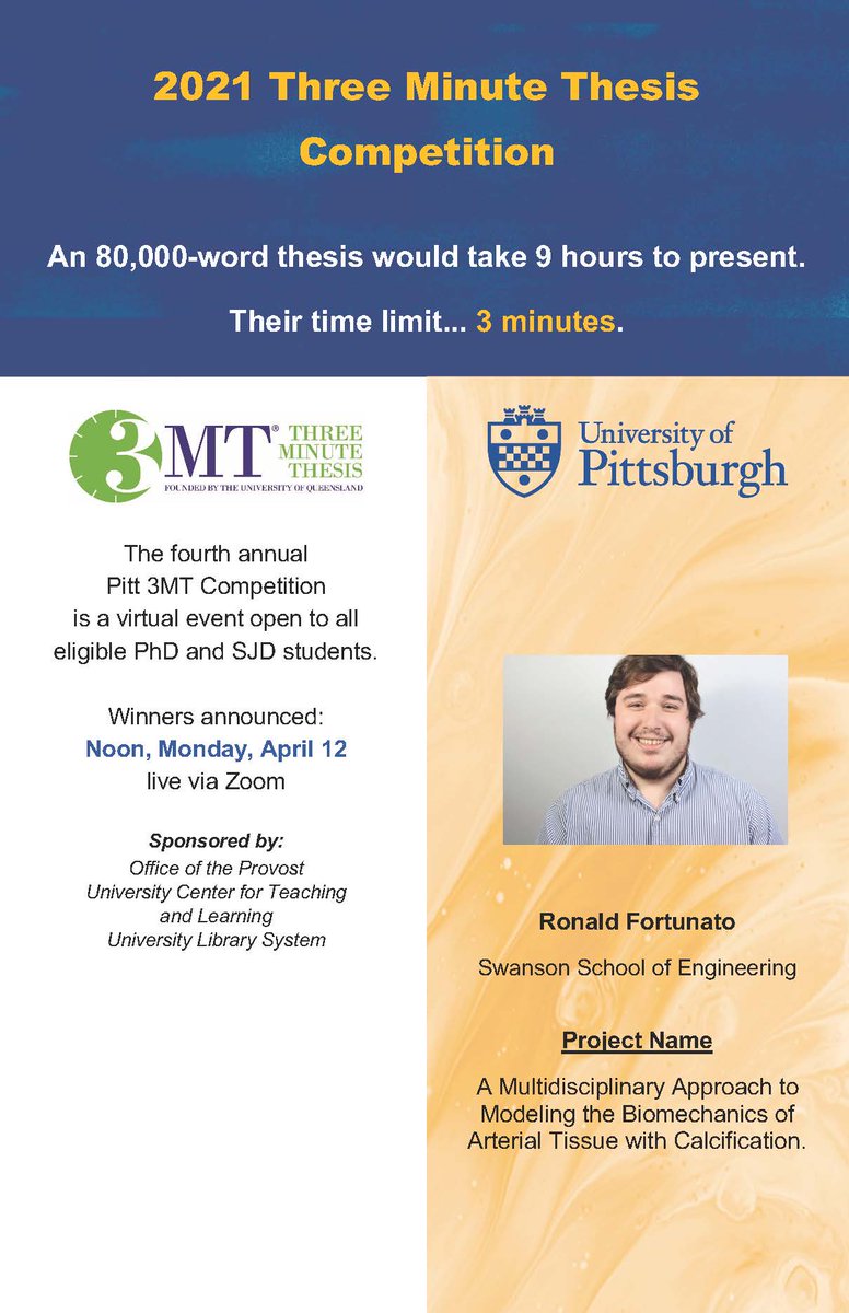 PittGradStudies's tweet photo. Today, every hour on the hour, we'll be highlighting our Pitt @3MT_official project submissions. First, Ronald Fortunato of @PittEngineering! View their presentation and don't forget to VOTE after viewing all! #H2P #PittGradStudies #3MT #PeoplesCHOICE
https://t.co/biqRmFeMFV https://t.co/aWEVVgBfiD