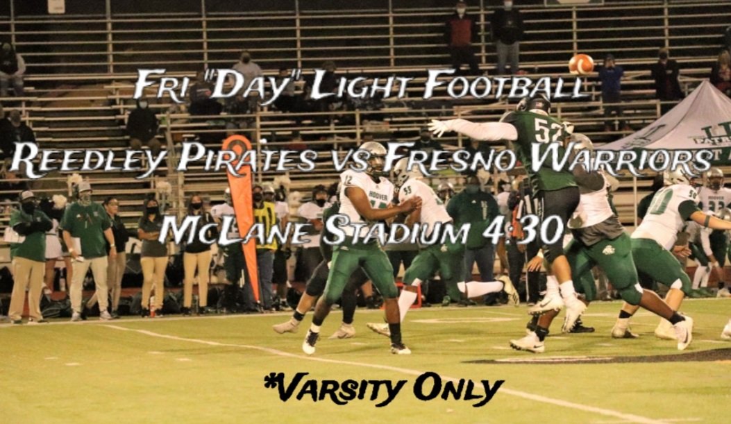 djimenez22's tweet photo. Fri "Day" Light Football @reedley_fb ๐ดโโ ๏ธvs #FresnoWarriors at #McLaneStadium 4:30pm (not a typo) *#VarsityOnly @m1kerios @saucedomax50 @BriABC30 @JuliaLopez3 @SammiOnAir @SBemisOnline @FresnoBeeSports @PAGMETER @StephenHicksTV @PiratePrideASB @ReedleyHSSports @31zcoach https://t.co/TroztwDkOq