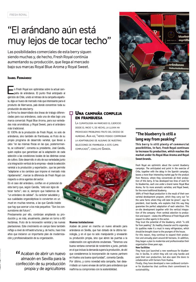 RevistaMercados's tweet photo. #ediciónimpresa🗞️🗞️
"Las posibilidades comerciales del arándano siguen siendo muchas"🔵🔵🔵🔵
#Freshroyal
#arándano
#berries
https://t.co/ZtVlOX9mTo https://t.co/IAcp9C1Lan