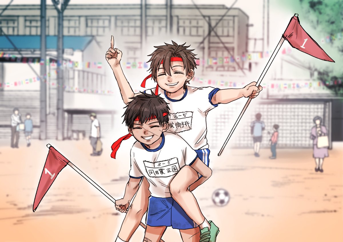 multiple boys flag headband gym uniform shorts closed eyes soccer ball  illustration images