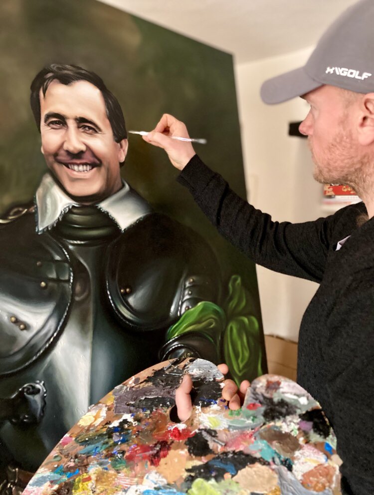 LandersArt's tweet photo. My completed set of 5 golfing heroes. Masters winners painted in the style of Old Master artists. @PhilMickelson @TigerWoods @jacknicklaus @SeveBallesteros @ArnoldPalmer #legends #masters #painting #art #golf #augusta #gallery https://t.co/HLNT914dOO https://t.co/5cZJNrgr44