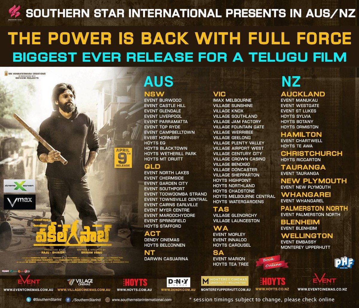 BoneyKapoor's tweet photo. #VakeelSaab Australia and New Zealand release by @SouthernStarInt

Here is the theatres list in respective cities

@PawanKalyan #SriramVenu @shrutihaasan @SVC_official @i_nivethathomas @MusicThaman @yoursanjali @AnanyaNagalla @bayviewprojoffl @adityamusic

#VakeelSaabOnApril9th https://t.co/ZizRtrdMM1