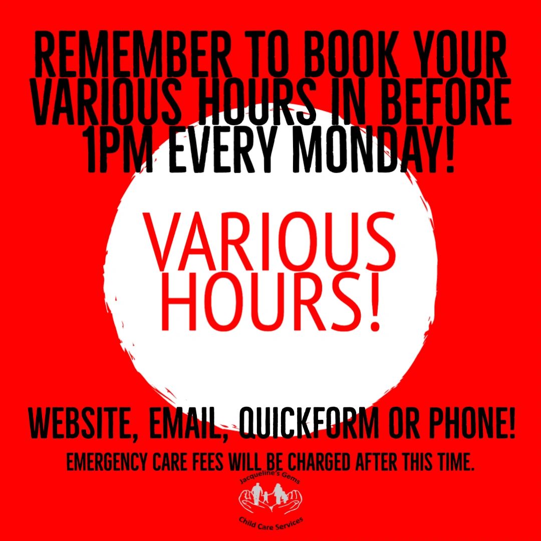 If you haven't already make sure you get your various hours in by Monday 1pm! #Happybooking #varioushours #booking #weekly #getbooked #childcare #schoolclubs #holidayclubs #erith #bexley #northumberlandheath #kent