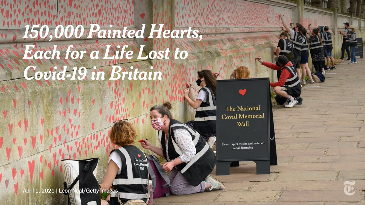 nytimes's tweet photo. A sea of hand-painted red hearts cover a wall along the River Thames in London, each unique, each representing someone who died of the coronavirus in Britain. https://t.co/XchkI5vUPM https://t.co/Ks4wYBATAP