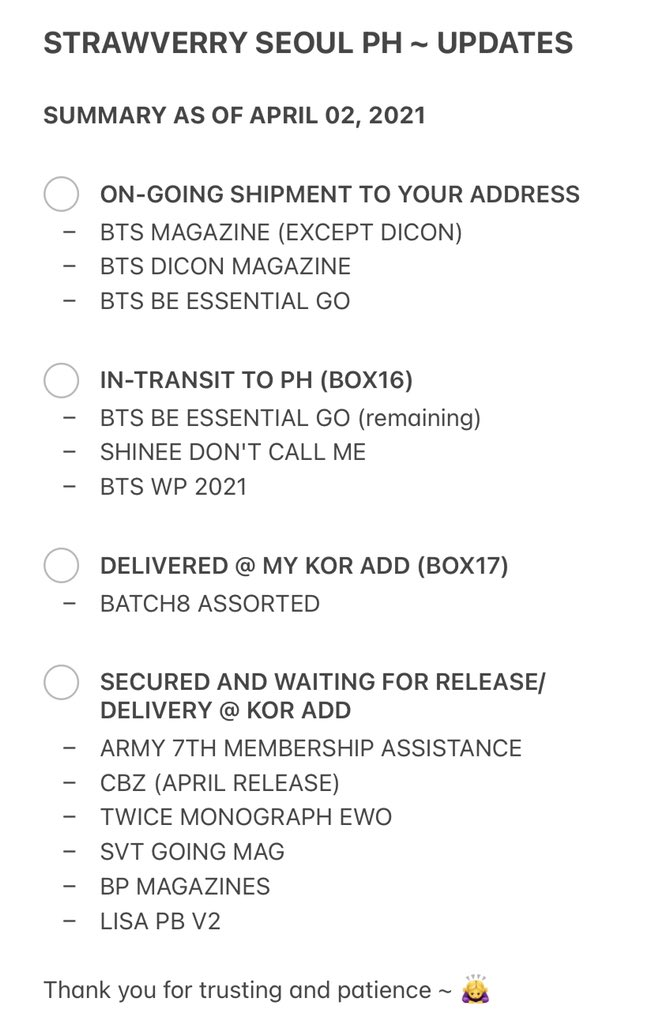 StrawVerrySPH's tweet photo. MASS UPDATE as of Apr. 02, 2021

Please read carefully below ✨

Thank you for your patience and understanding 🤗💜

Don't hesitate to DM us if you have any concerns/questions.

#StrawVerryUpdates 🍓 https://t.co/3L6cdlSdEy