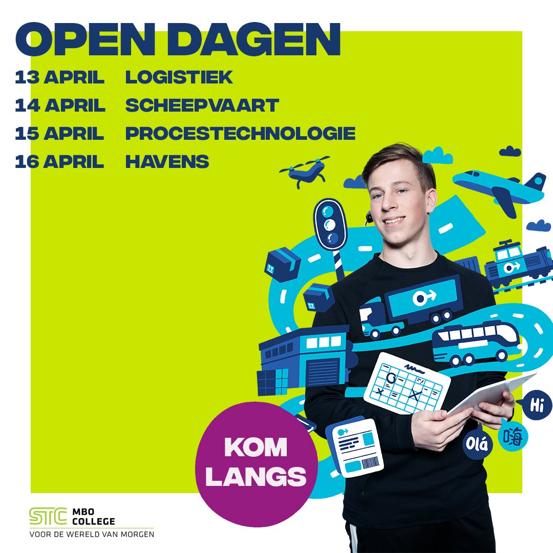 Van 13 t/m 16 april organiseren wij de laatste mbo open dagen van dit jaar! Een mooie toekomst in de wereld van havens, logistiek, scheepvaart of procestechnologie start je na de zomer op het STC. Programma op locatie, vooraf registreren: edu.nl/pxn7h 
#studiekeuze