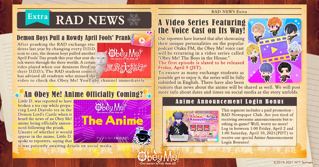 ObeyMeOfficial1's tweet photo. Extra! Extra! It's a 📰RAD News Extra!📰
News about the April Fools' surprise, a Login Bonus and a brand new video series?!

If you don't know what the surprise was, head to our YouTube channel to see!
https://t.co/9vvFkuoXwq

The anime is really, truly coming!😲😲😲
#ObeyMeAnime https://t.co/nw9NeG2b62