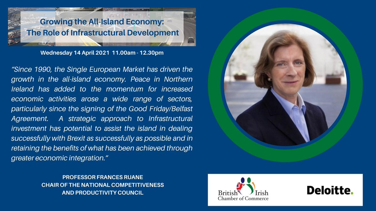 BrIreCham's tweet photo. Join us &amp;  Professor Frances Ruane, Chair of the National Competitiveness and Productivity Council on Wed 14 April at 11am for our next event, Growing the All-Island Economy, in association with @DeloitteNI 

Register now ➡️ https://t.co/NgEHiOOhK9 

#AllIslandInfrastructure https://t.co/TB3BUw1YfH
