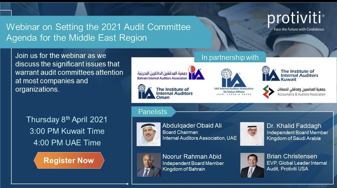 ProtivitiOman's tweet photo. Join our webinar:

 'Setting the 2021 Audit Committee Agenda'

Listen to what our panelists have to say on items for audit committees to consider for the coming year relating to enterprise, process, technology and financial reporting issues.

Register now: https://t.co/2zaKWlb0S6 https://t.co/FsdbSMlaox