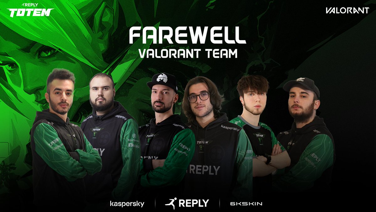 Today we say goodbye to our Valorant roster.
The hard work and the professionalism put during their time in Reply Totem are remarkable.
Good luck for your future experiences 🍀

For our Valorant fans: stay tuned because some news may come soon!

#GoTotem