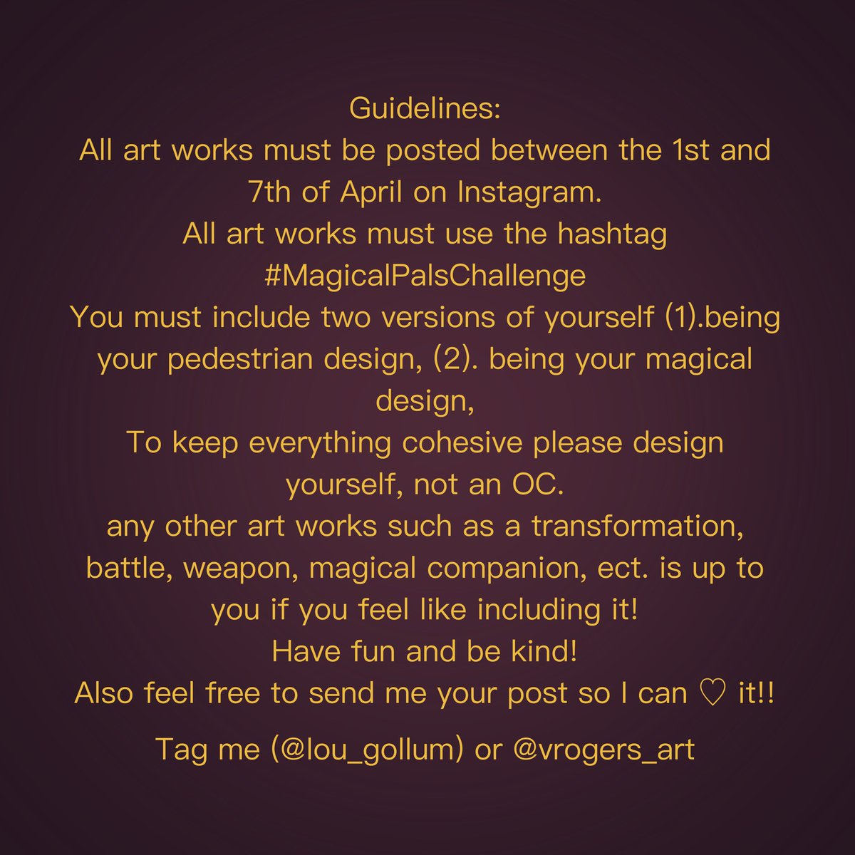 AlienWishlist's tweet photo. Wanna join an art challenge over on Instagram? 
Me and @VRogers32029241 are hosting the #MagicalPalsChallenge (keeping it gender neutral) and you’re free to join! Guidelines are in the photo’s below 😌💖
.
.
.
.
.
.
#artchallenge #artshare #characterdesign #LGBTQIA #procreateart https://t.co/n2qXSAmLss
