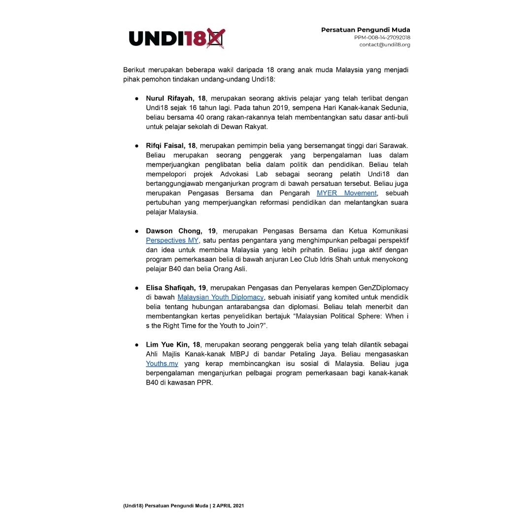 Undi18 Manaundikami On Twitter Press Statement 18 Malaysian Youths Legal Action Against The Malaysian Government Https T Co Dpisfouqfb Twitter