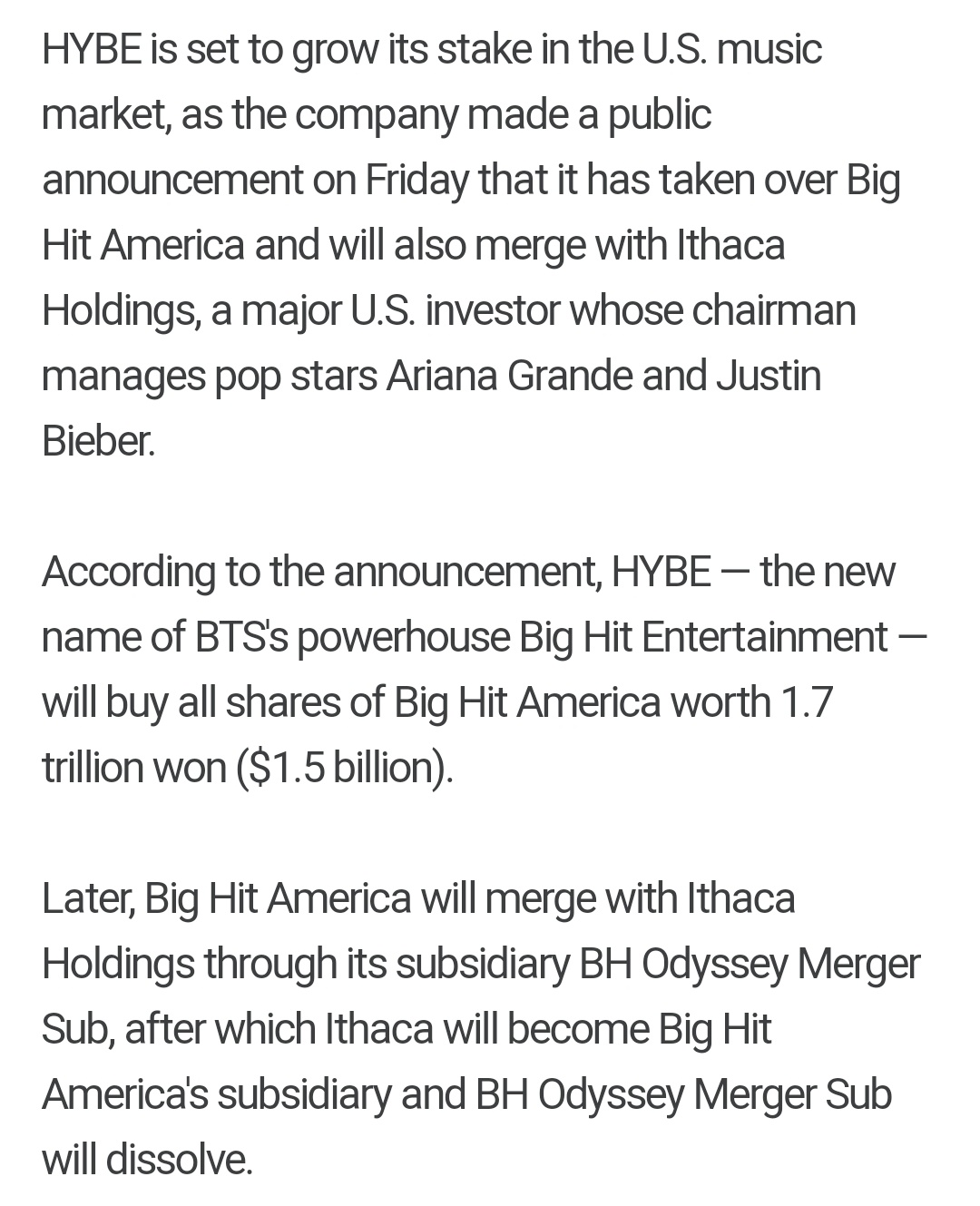 Bts Press Hybe Prev Bh Ent Has Taken Over Big Hit America It Ll Also Merge With Ithaca Holdings Led By Scooter Braun Who Manages Ariana Grande Amp Jb Through Its