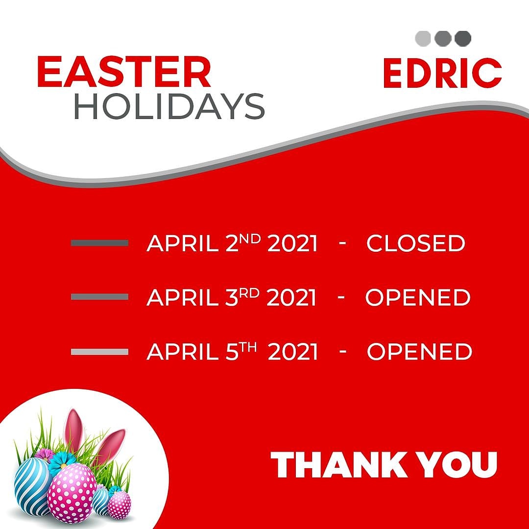 EdricFurnishing's tweet photo. EDRIC wishes you a Happy Easter!

Please note our office will be closed for business on 2nd April, but we will be opened for business as usual on 3rd and 5th of April.

Clients who wish to make any purchase or enquiry can call us on 0540126274, 0577158119, 0303409426. 

Thank you https://t.co/mpBony5VG4