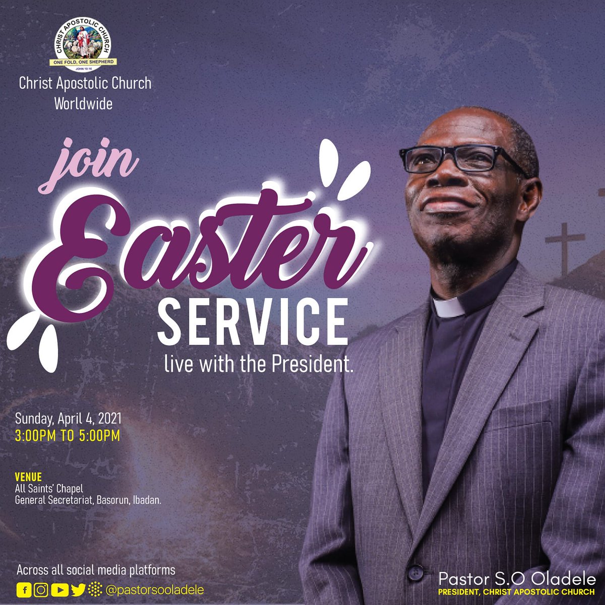 PastorSOOladele's tweet photo. Join me for a special Easter Service

📅Sun. April 4, 2021
⌚3 pm (WAT)
⛪All Saints' Chapel.
General Secretariat, Basorun, Ibadan

To be streamed live on
Facebook | YouTube | IG | Twitter |
@PastorSOOladele
Exᴘᴇʀɪᴇɴᴄᴇ ᴛʜᴇ Rᴇsᴜʀʀᴇᴄᴛɪᴏɴ Pᴏᴡᴇʀ ᴏғ Jᴇsᴜs https://t.co/DymtIsA8ln