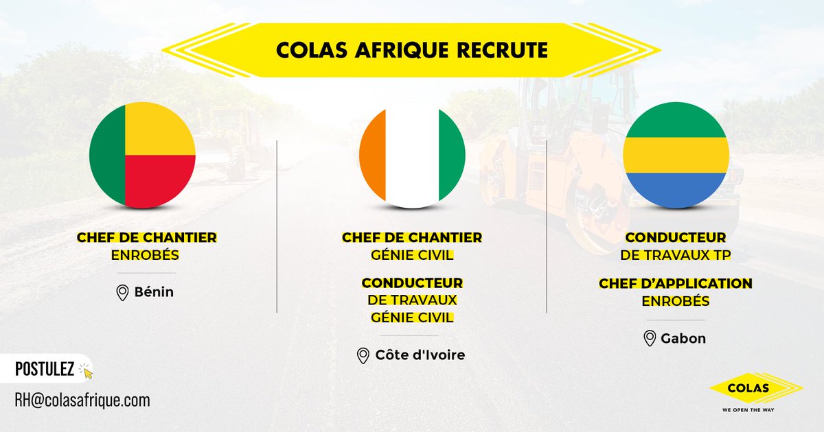 Colas en Afrique recrute différents profils pour son développement au Gabon, en Côte d’Ivoire et au Bénin.

Pour postuler, envoyez vos candidatures 👉 RH@colasafrique.com

#ColasAfrique #Africa #Gabon #CotedIvoire #Benin #Recrutement