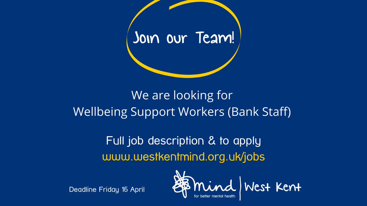 Join us! We're looking for enthusiastic Wellbeing Support Workers to deliver innovative, stimulating &amp; enjoyable group sessions for adults.
Apply westkentmind.org.uk/jobs
#charityjobs #vacancies #supportwork #mentalhealth #westkent #sevenoaks #tunbridgewells #tonbridge