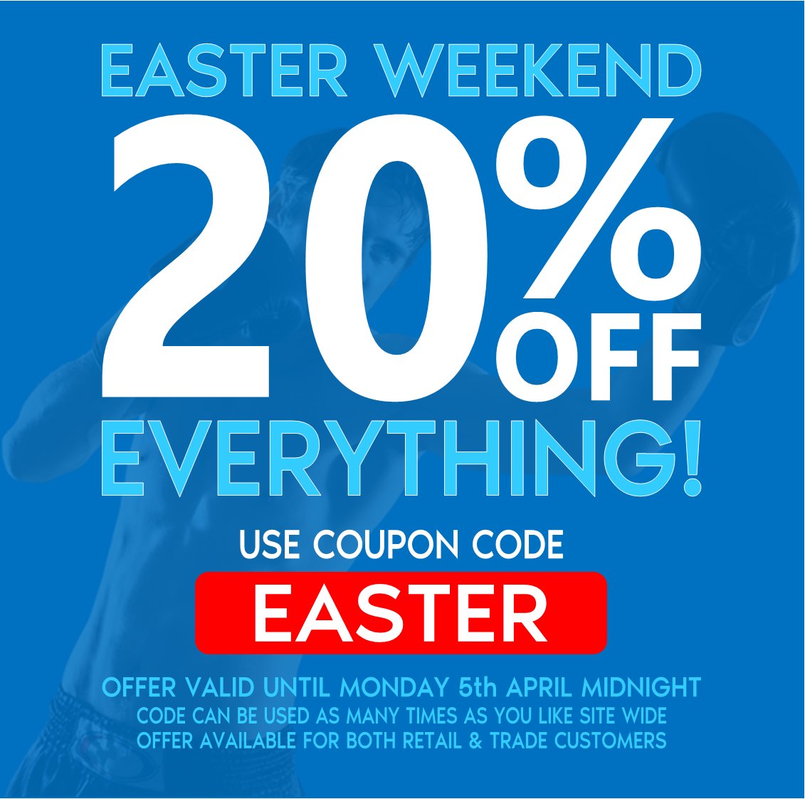 StrikeSport_'s tweet photo. 🚨 Back to the club? Stock up on all your martial arts essentials with 20% OFF EVERYTHING this Easter weekend! Just use voucher code 'EASTER' https://t.co/r4ahbEjHg8

#martialarts #equipment #easter #easterdeals https://t.co/VgdYa6hDkt