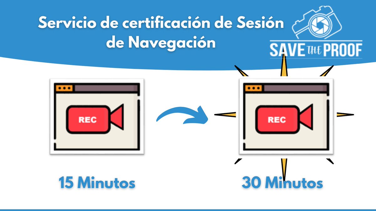 savetheproof's tweet photo. 📣 ¡Hemos aumentado el tiempo del servicio de certificación de Sesión de Navegación a 30 minutos! Ahora podrás disponer de más tiempo para obtener tus evidencias.
👉 https://t.co/9xdPZ5kKhm https://t.co/NRomBLCuJ3