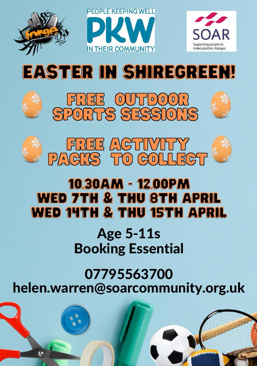 SOAR and <a href="/Forge_youth/">Forge Youth</a> are running FREE Healthy Holidays activities over the Easter half term with their base at Shiregreen Neighbourhood Centre. Let's have some fun!
Places are limited so it is essential to register with Helen on the number below 👇
#SheffieldIsSuper