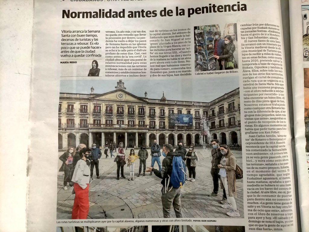 ¡Hola <a href="/elcorreo_alava/">El Correo Álava</a>! Esto que vendéis en esta noticia como "normalidad" no es tal. La fotografía se corresponde con una actividad ILEGAL, ya que el sector de guías turísticos de Álava cumplimos escrupulosamente la normativa de aforo máximo 6 personas.