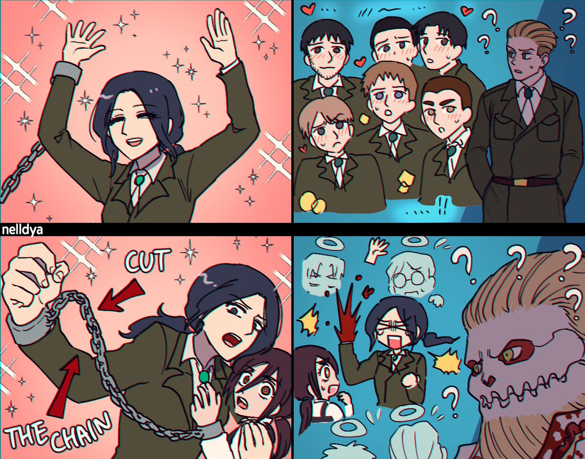 nelldya's tweet photo. I love how Pieck and Porco are like siblings...
Everyone blushes at Pieck but Porco is always like "???" https://t.co/WyaRqF0QuH