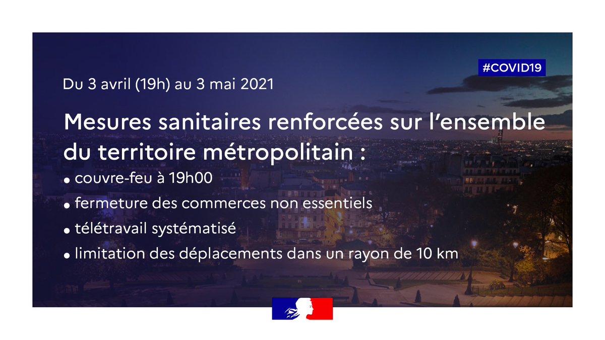 prefet59's tweet image. ⚠️ #COVID19 #Rappel : 
À compter du samedi 3 avril (19h00) et pour une durée de 4 semaines, les mesures sanitaires renforcées déjà en application sur le département du #Nord entreront en vigueur sur l’ensemble du territoire métropolitain.