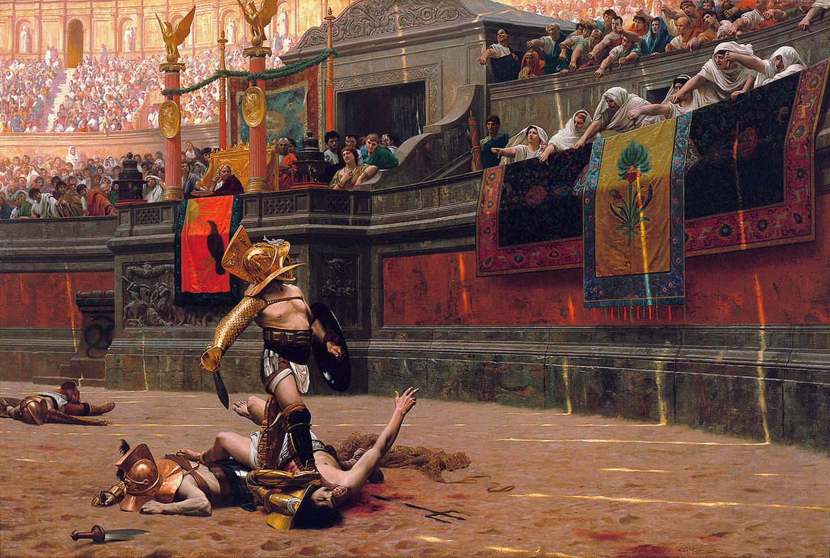 ARTazgona's tweet photo. #HappyBirthday Russell Crowe, actor, director, productor y músico neozelandés. Pollice Verso (1872), es el cuadro del pintor francés Jean-Léon Gérôme que sirvió de inspiración para el diseño visual de la película "Gladiator". 

#arte https://t.co/Ndd4OYyVV3
