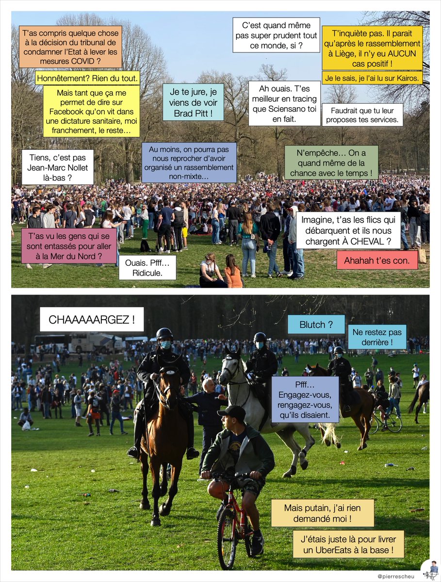 PierreScheu's tweet photo. Les boumers au Bois de la Cambre: "Il faut lâcher la bride!" 

La police montée intervient. 

Encore, les boumers au Bois de la Cambre: "Non mais pas comme çaaaaaa!" https://t.co/gjNOahaU5i