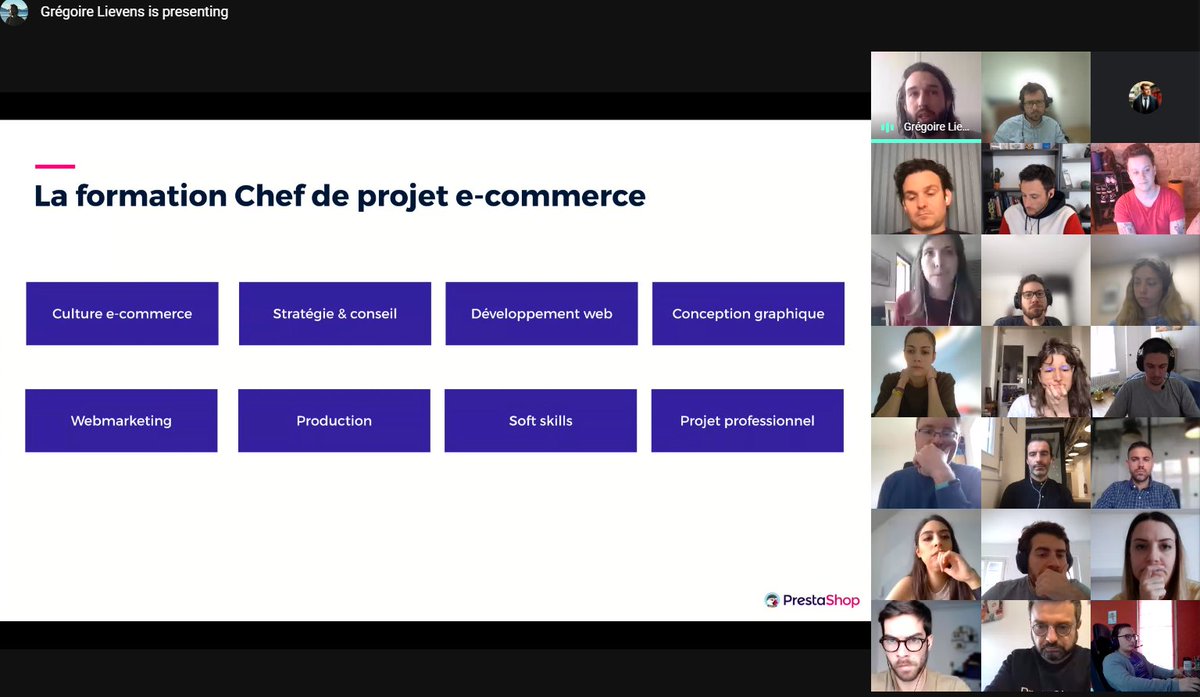 PrestaShop's tweet photo. 🙏 Heureux d'accompagner @EcoleLabel pour la 2nde année consécutive, et un grand merci à @GregoireLievens et ses deux apprenants d'être venus nous parler de la formation "Chef de projet #ecommerce" lors de notre All Hands mensuel. https://t.co/6spX00jRUe