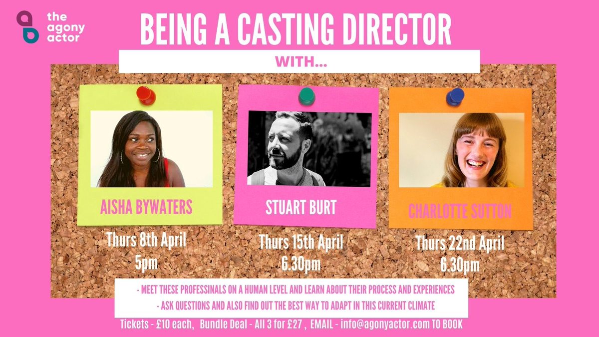 ActorAgony's tweet photo. Super excited for part 2 of our series! THRILLED to have @aishabywaters @StuartBCasting and @SuttonCasting over the next 3 Thursdays talking us through their process and giving their perspectives on how we need to adapt to the industry at the moment. 10% off when you book all 3🤯 https://t.co/aI0dFfTbHy