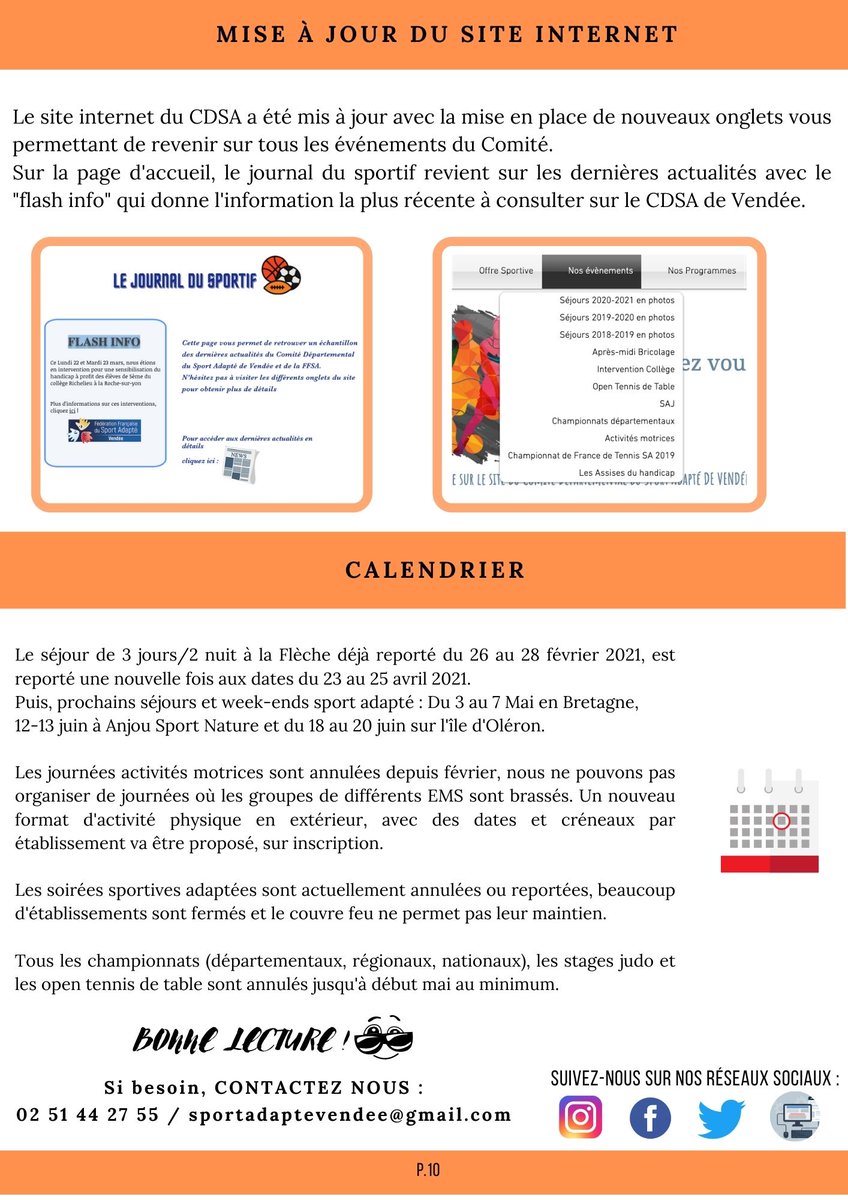 85CDSA's tweet photo. En ce début de mois d'Avril, la Newsletter trimestrielle Janvier-Mars est disponible 😁
Vous y retrouverez l'ensemble de l'actualité du CDSA de Vendée👍
Bonne lecture à vous tous et bon week-end de Pâques ! 😃🔔🍫☀️
Pour en savoir plus : https://t.co/mFHfJFWXsg https://t.co/UKJaCZgCAw