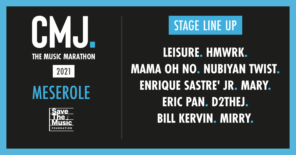 Our Meserole Stage Line-Up! Head to CMJ.com to listen! 

The #CMJMusicMarathon Meserole stage is brought to you by <a href="/savethemusic/">lma</a> foundation. 

LEISURE, HMWRK, MAMA OH NO, @NubiyanTwist, Enrique Sastre’ Jr., MaRy, <a href="/pandelic/">Eric Pan</a> <a href="/D2THEJMUSIC/">D2THEJ</a>, <a href="/BillKervin/">Bill Kervin</a>, <a href="/MirryMusic/">MirryMusic</a>