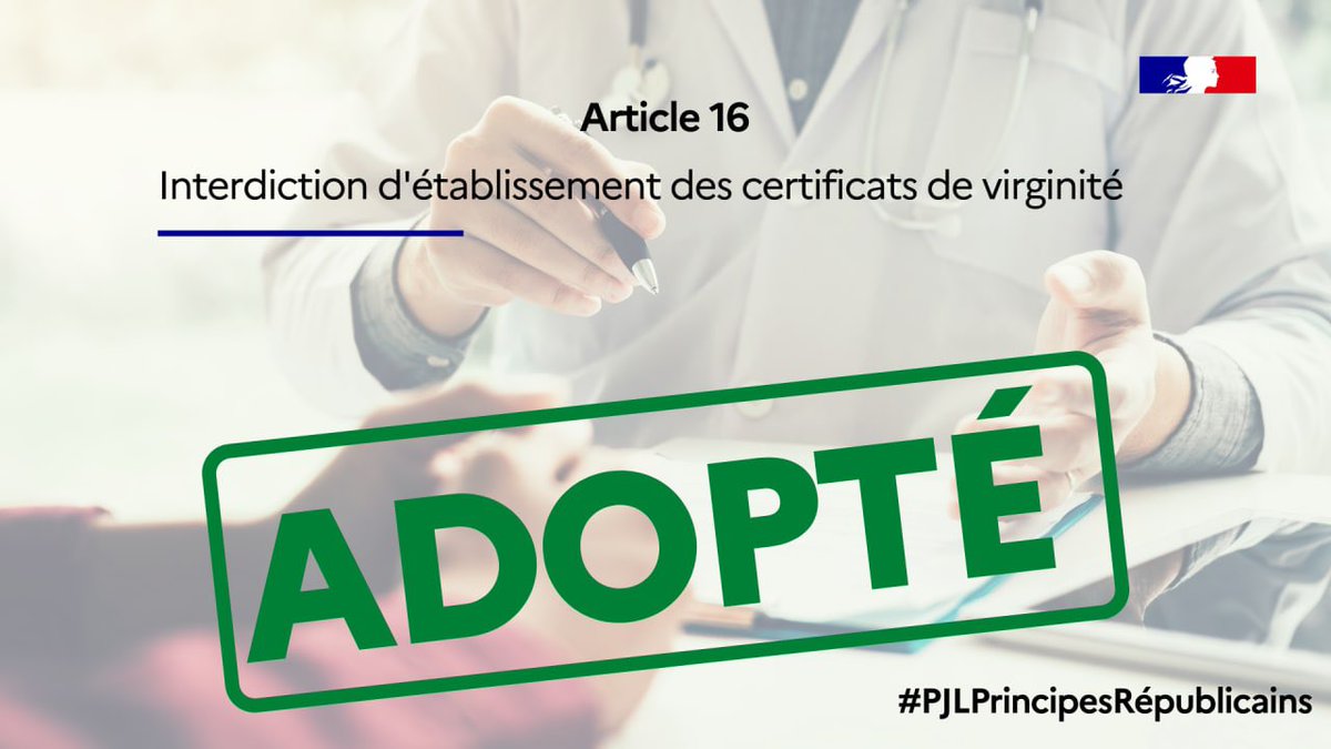 MarleneSchiappa's tweet photo. Aucune jeune fille n’a à rendre compte de sa virginité, ni à sa famille ni à la société.

👉 Nous interdisons dans le #PJLPrincipesRépublicains les certificats de virginité. 
#SenatDirect https://t.co/FMKwZiBrUS