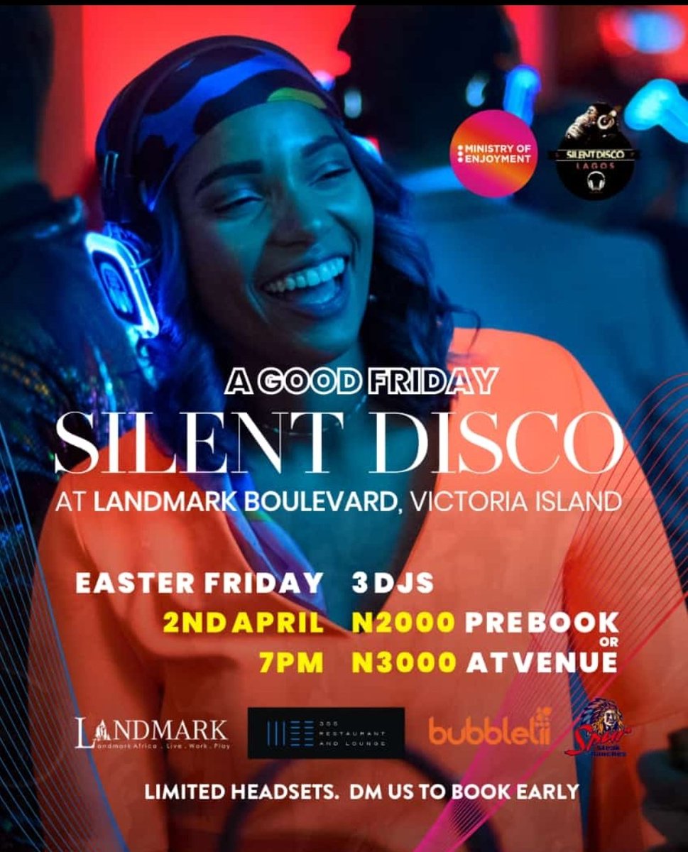 silentdiscolag's tweet photo. Thank you to everyone that pre-booked headsets for today. We look forward to having a great time with you guys today! 🎧😎 #silentparty #silentnoise #silentdisco #silentdiscoparty #silentdiscolagos #lagosparty https://t.co/KcGYEdvZ4r