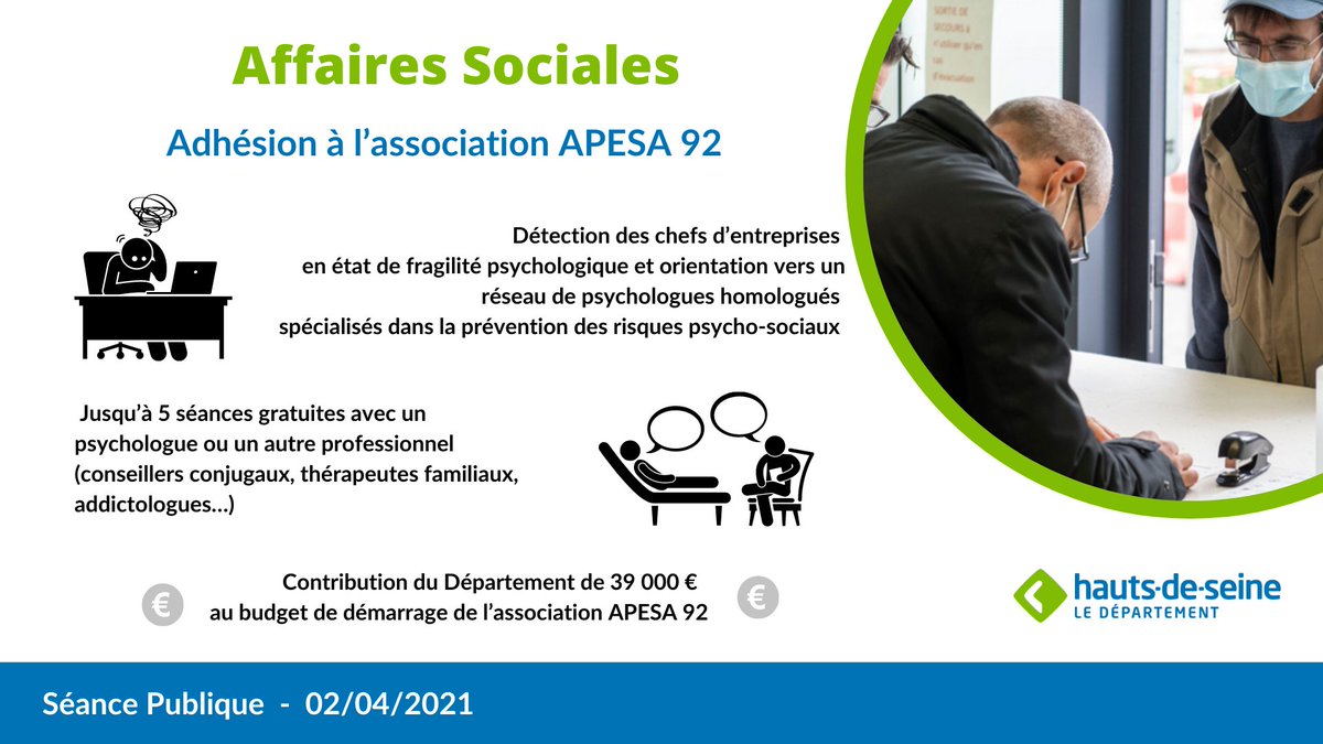 hautsdeseinefr's tweet photo. #séancepublique
🤝L'assemblée départementale vote à l'unanimité l'adhésion du Département des #HautsdeSeine à l'association #Apesa92 qui apporte une Aide Psychologique pour les Entrepreneurs en Souffrance Aiguë.
#DépartementSolidaire #SoutientAuxCommerçants https://t.co/aq3plZ8MYa