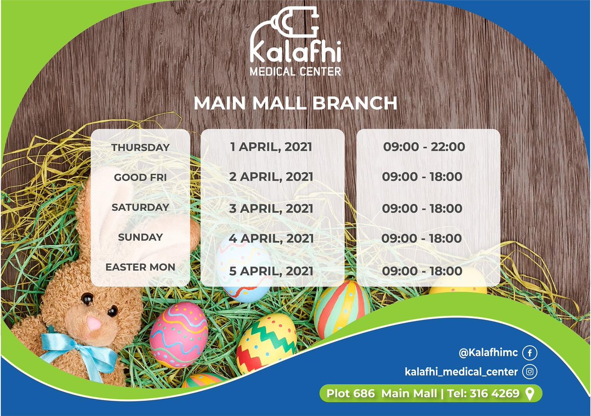 kalafhimedical's tweet photo. Please be informed that our Village &amp; Main Mall branches will still be opened during the Easter Holiday. Happy Holidays &amp; stay safe!!! 

#becauseyourhealthmatters https://t.co/xoI0bVag5Z