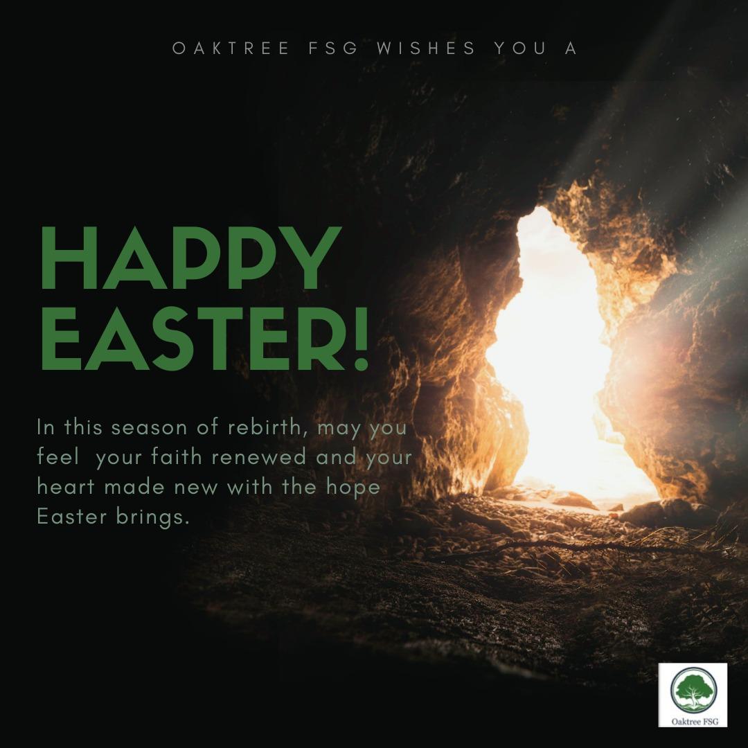 OaktreeFsg's tweet photo. We hope your Easter basket is filled with lots of joy and  love🎉
Happy Easter from Oaktree FSG!
#easter https://t.co/d6CHAKOZOM