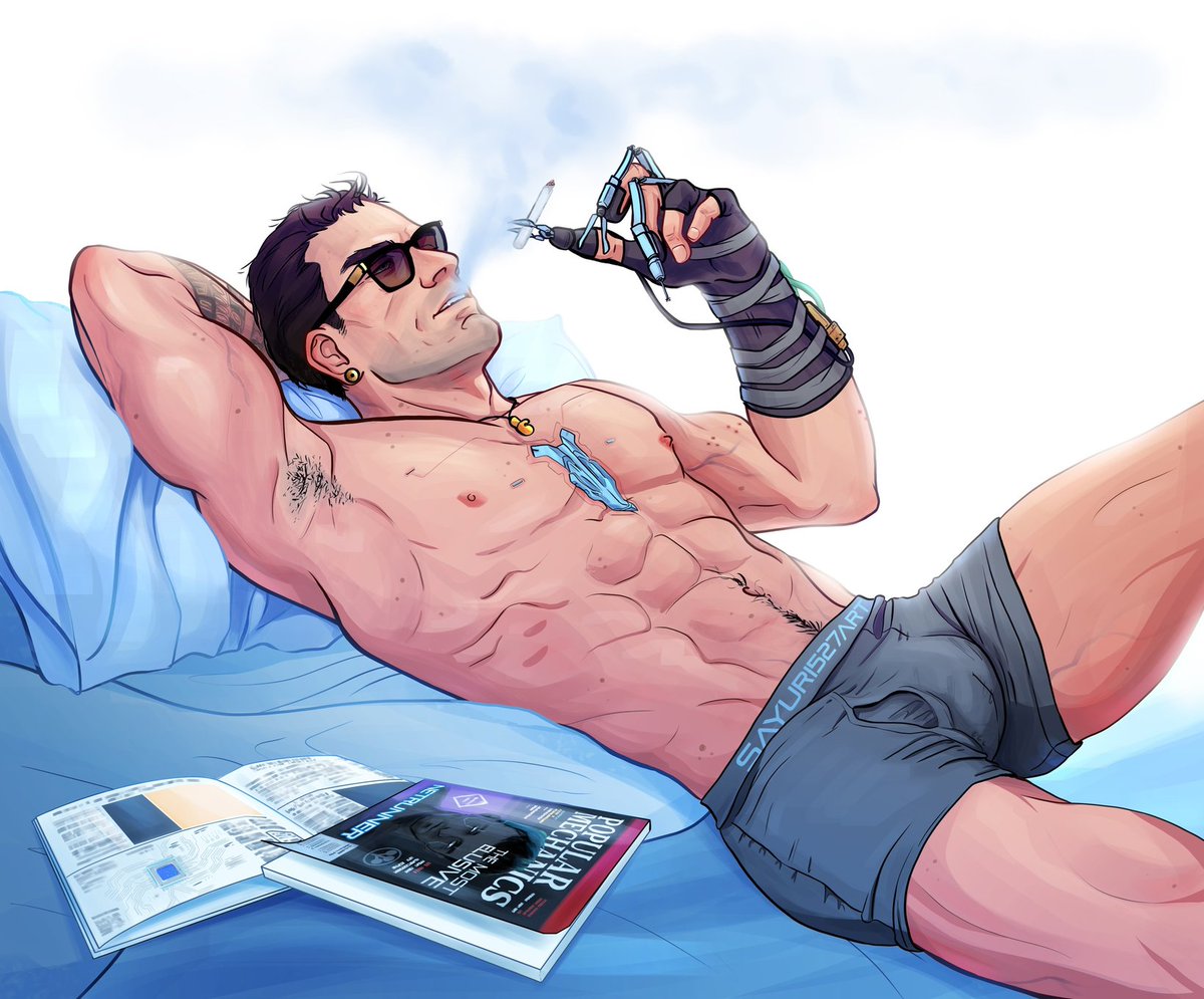 Sayuri527art's tweet photo. #ViktorVector is resting with a cigarette and magazines. V in bed with him (well, almost ��)
#Cyberpunk2077 https://t.co/GgyUMP48by