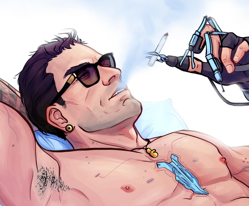 Sayuri527art's tweet photo. #ViktorVector is resting with a cigarette and magazines. V in bed with him (well, almost ��)
#Cyberpunk2077 https://t.co/GgyUMP48by