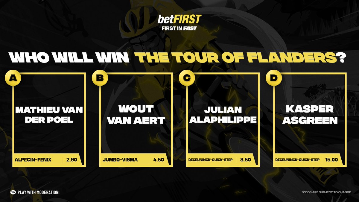 betfirst's tweet photo. The Tour of Flanders 2021 will take place this Sunday. Which of these favourites do you think will cross the finish line first? First place medalPerson biking

@mathieuvdpoel 
@WoutvanAert 
@alafpolak1
@k_asgreen
#rvv #vanaert #vanderopel #alaphillippe #asgreen #cycling #betfirst https://t.co/A1pphvNosJ