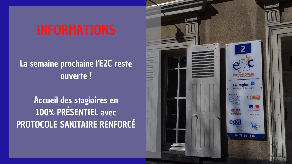 E2C_Puydedome's tweet photo. L'E2C est ouverte la semaine du 05/04 et renforce son protocole sanitaire pour accueillir les stagiaires et le personnel pédagogique. 
La continuité pédagogique est la priorité de l'E2C !
#COVIDー19 #FormationProfessionnelle #ContinuitePedagogique https://t.co/Wo591uLRhh