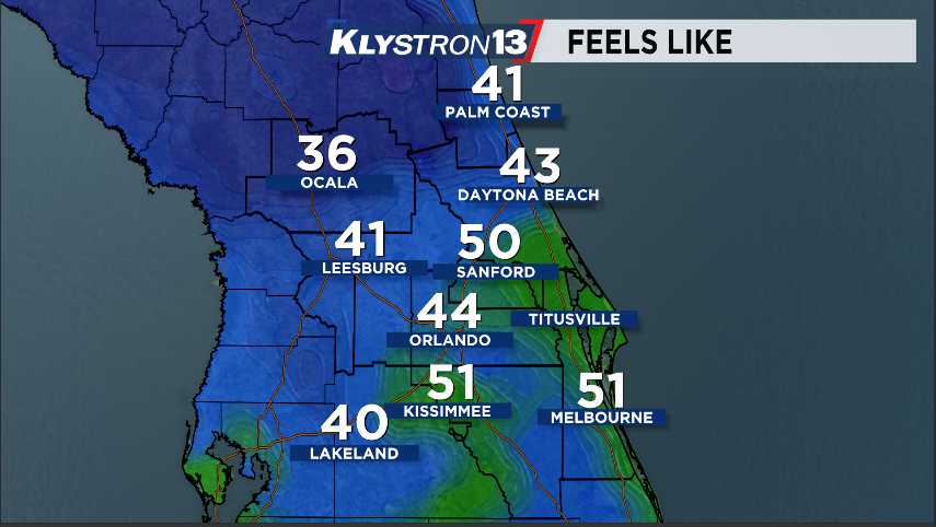 MyNews13Weather's tweet photo. Good morning!
It is a chilly start to the day, with 6 am temps in the 40s and 50s!
With strong N winds, feels like temps are in the 30s and 40s for many!
Latest on temps for the afternoon hours right now on Spectrum News 13. #flwx #Orlando #FLcold https://t.co/EooRsY6MKQ