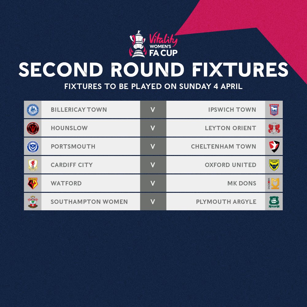 The <a href="/Vitality_UK/">Vitality UK</a> #WomensFACup Second Round Fixtures...

Quote tweet and @ the club you're backing to reach the Third Round! 🏆