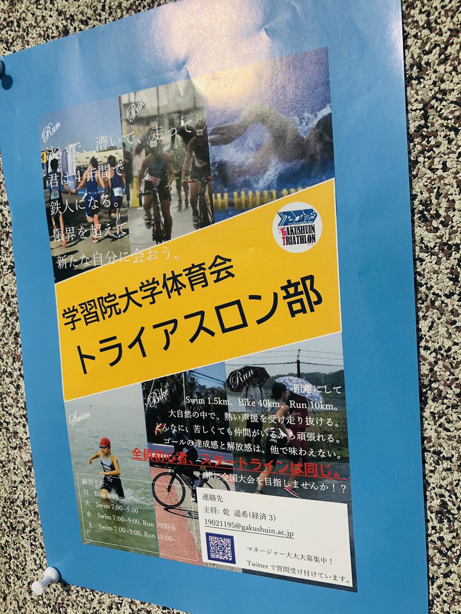 gakushuin_tri's tweet photo. 新２年生、新１年生の皆さん
明日は、入学式ですね🌸
入学おめでとうございますー！

トライアスロン部のビラが食堂棟（輔仁会���）の目の前に貼ってあります！
ぜひ見ていってくださーい

少しでも興味ある方dm待ってます！

マネージャー大大大募集中(￣∀￣)

#春から学習院 #学習院トライアスロン部 https://t.co/wwpeHC5BAK