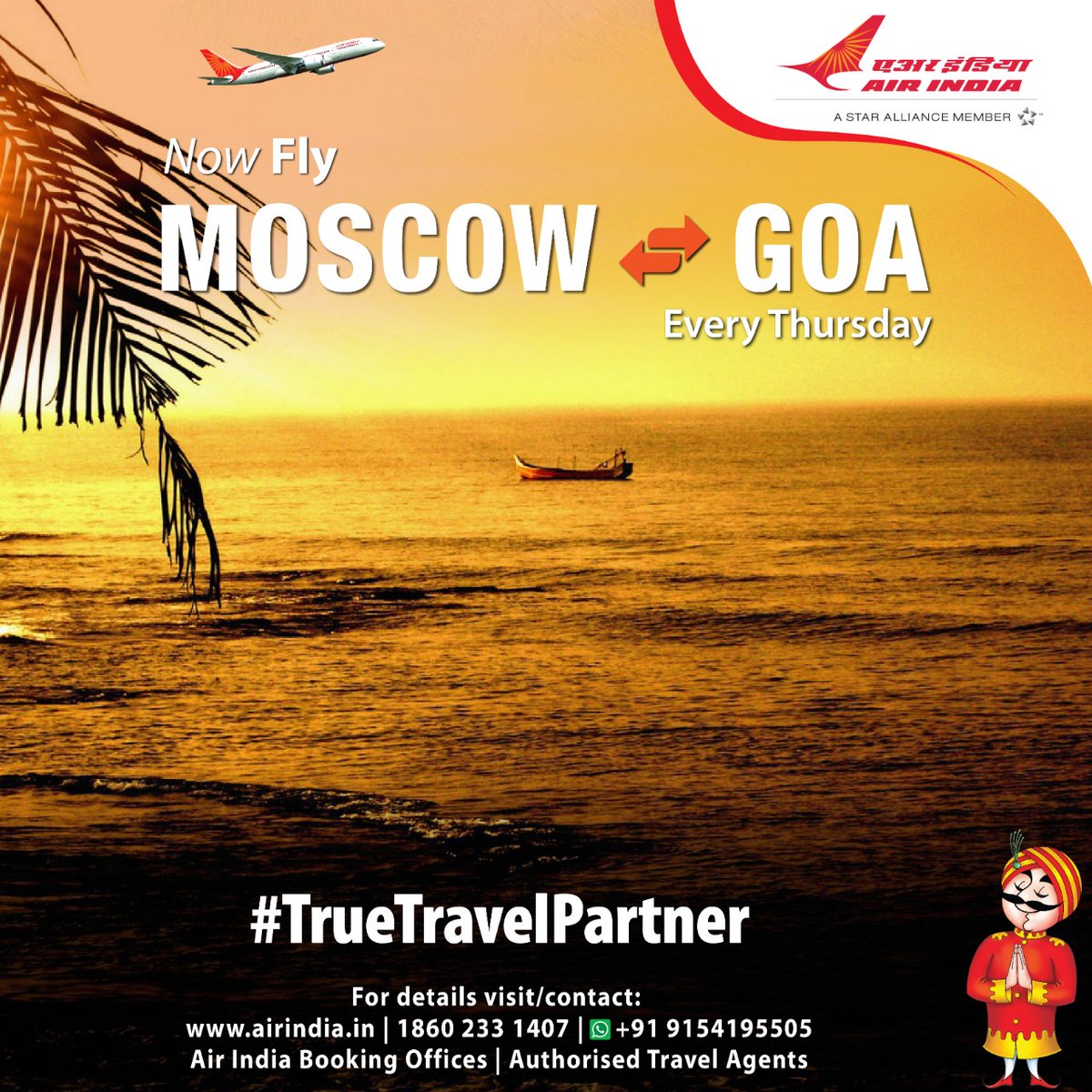 #FlyAI : Air India announces direct flights between Moscow's Sheremetyevo A.S. Pushkin Airport &amp; Goa from 14th April to 28th October, '21.
 
Booking open through Website, Booking Offices, Call Centre &amp; Authorised Travel Agents.