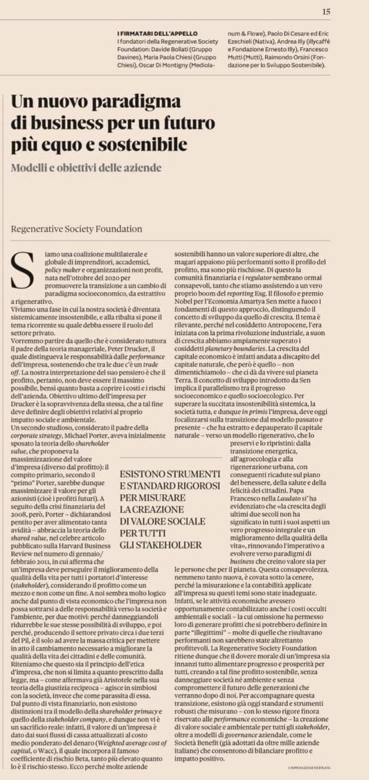 Oggi su <a href="/sole24ore/">IlSole24ORE</a> parliamo di un nuovo modello di business equo e sostenibile. Il dovere di un'impresa è agire in simbiosi con società e ambiente.

Today on <a href="/sole24ore/">IlSole24ORE</a> we talk about a new business model fair and sustainable. A company needs to act for society and ambient.