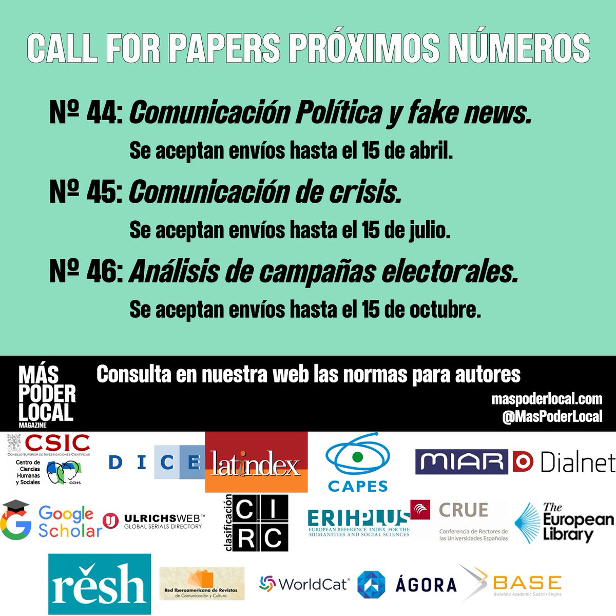 MasPoderLocal's tweet image. Nuestro número 44 estará dedicado a las relaciones entre #Compol y #FakeNews. 

❗️❗️✅Hasta el próximo 15 de abril recibimos trabajos originales en este campo. 

#MásPoderLocal